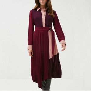 Karen Millen Wine Color BlockCurve Long Sleeve Soft Midi Shirt Dress